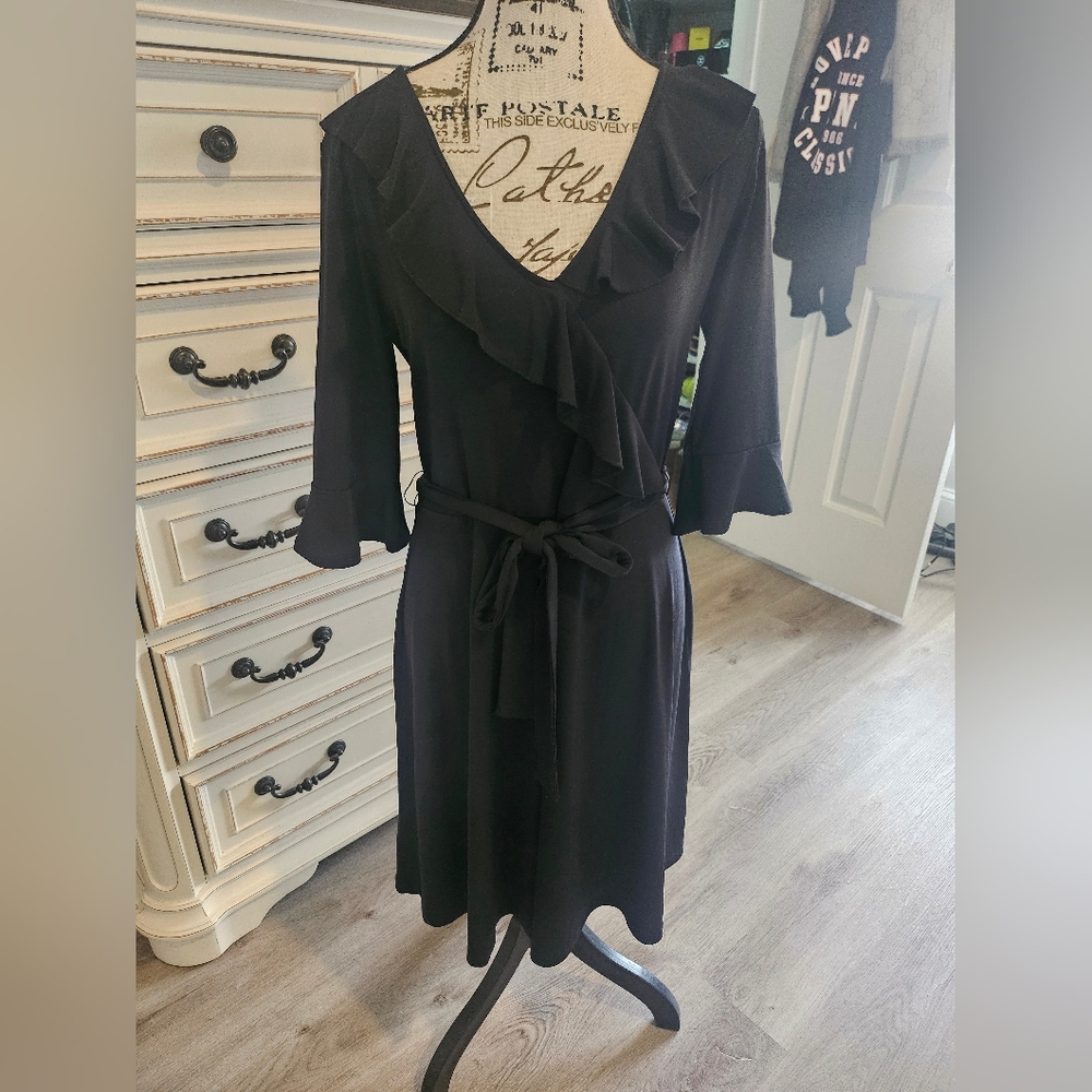 New York & Company Black Ruffle Wrap Midi Dress with Tie Waist